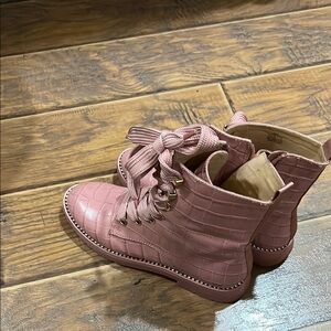Pink Croc-Embossed Lace-Up Boots